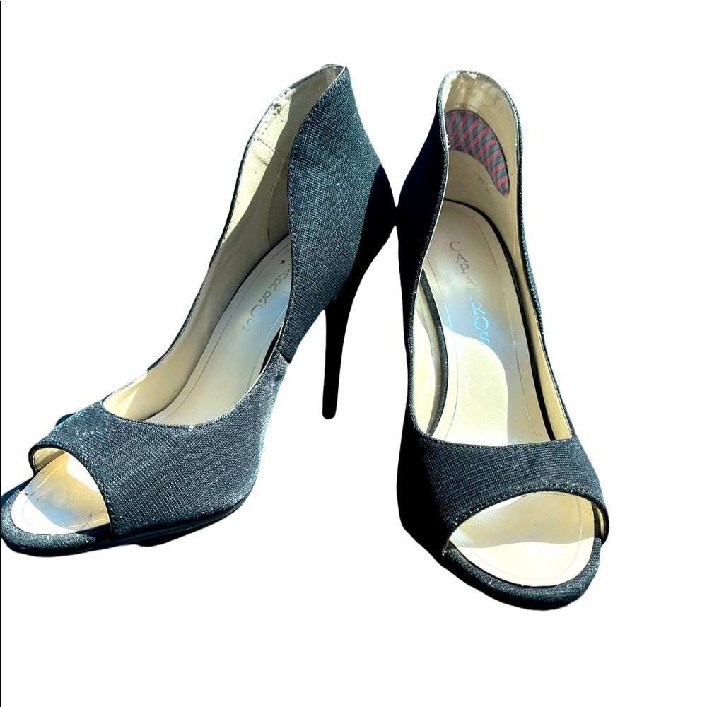 Caparros fabric wrapped peep toe stiletto heels metallic black size 8